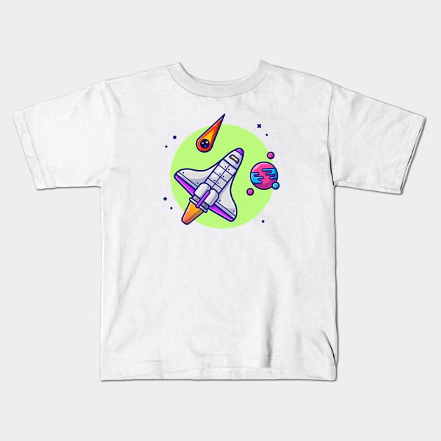 Space Shuttle Flying with Planet and Meteorite Space Cartoon Vector Icon Illustration Kids T-Shirt by Catalyst Labs